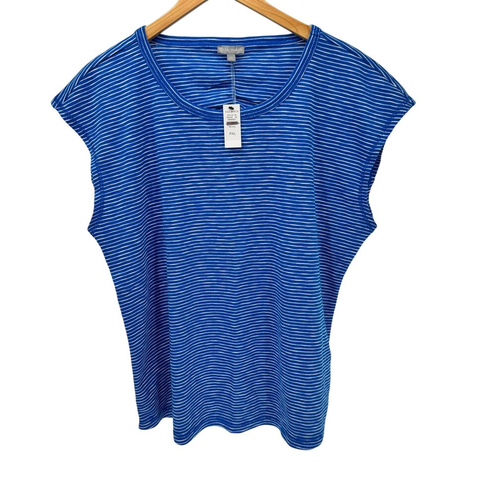 T by Talbots T-Shirt Womens Petite XL XLp Blue Coastal Stripe Keyhole Back NEW